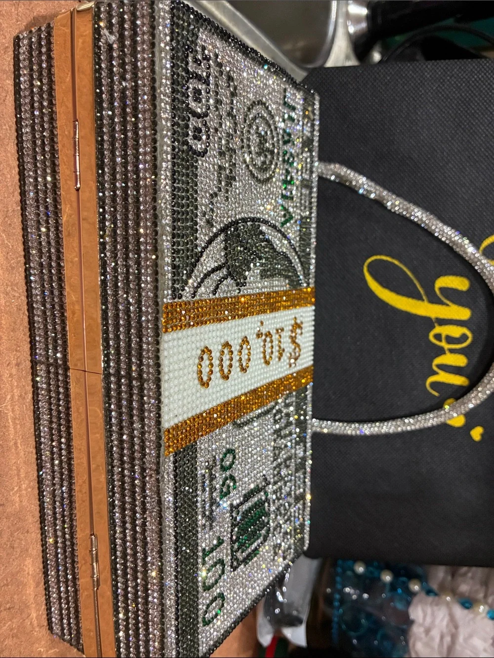 Crystal Embellished Money Stack Minaudière - Pink and Gold pocket book.